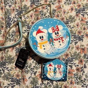 Disney Loungefly Mickey and Minnie Snowman Snowglobe bag WITH WALLET